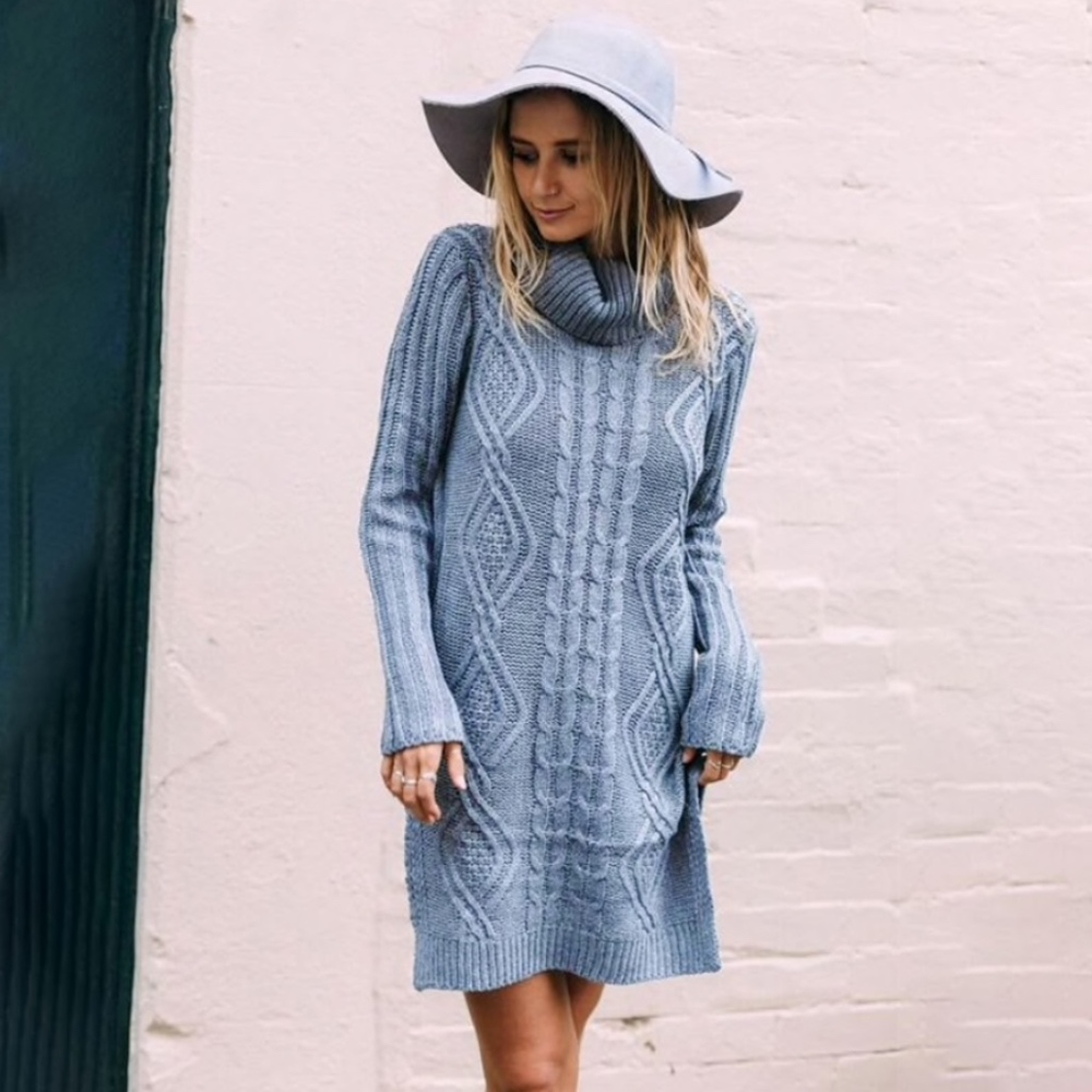 Blue Cable Knit Turtleneck Side Slit Sweater - Picture 2 of 8